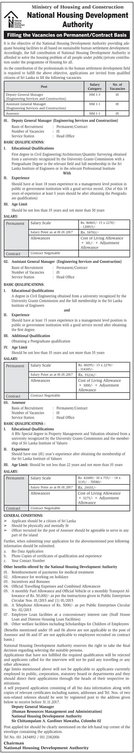 Deputy General Manager, Assistant General Manager, Assessor - National Housing Development Authority